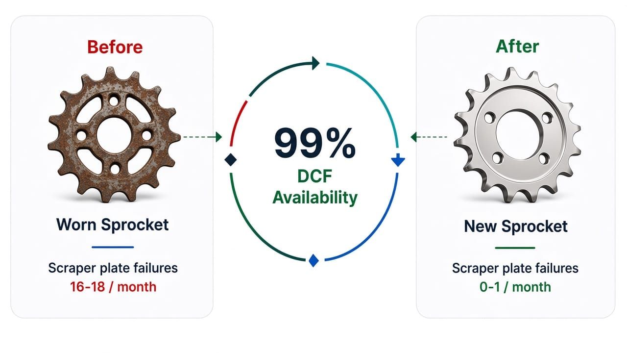Before: worn sprocket with 16-18 scraper plate failures per month. After: new sprocket with 0-1 failures per month and 99% DCF availability.