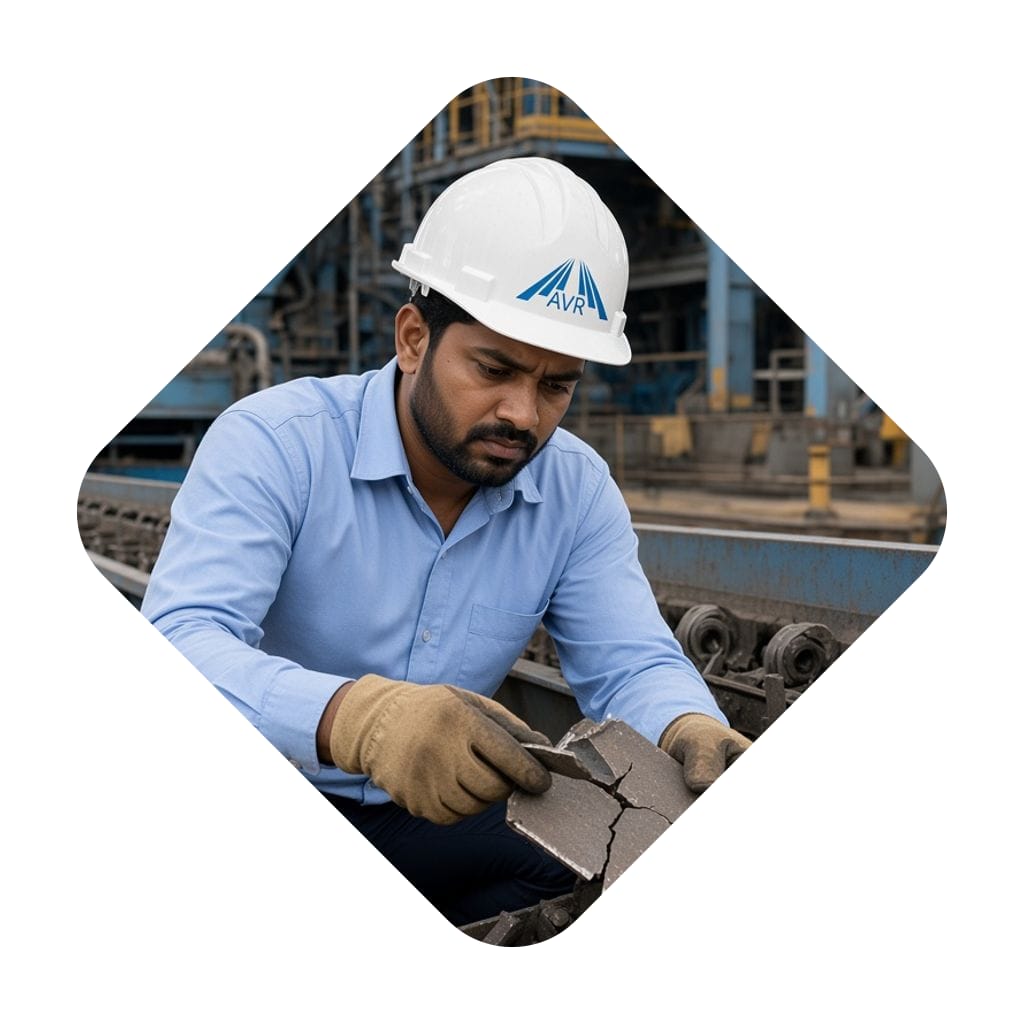 Technician inspecting a broken scraper plate on the drag chain feeder