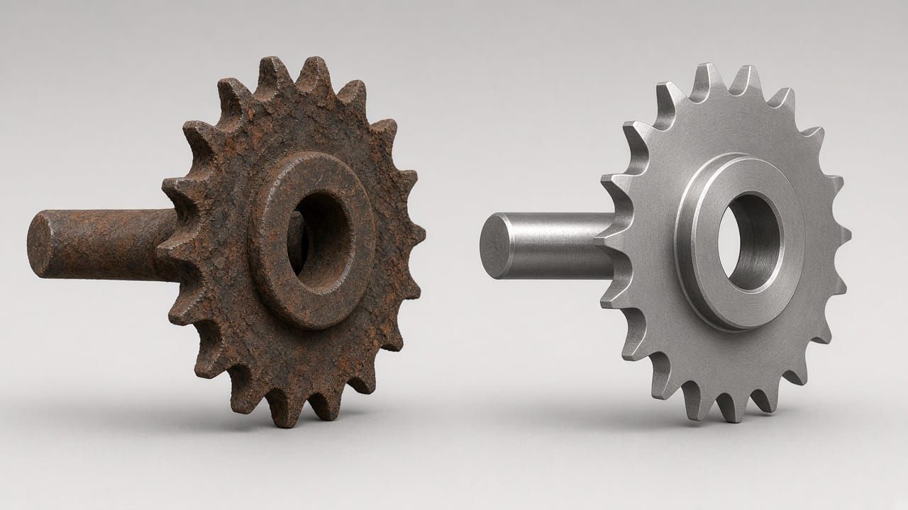 A rusted sprocket with eroded teeth beside a new sprocket with a full tooth profile