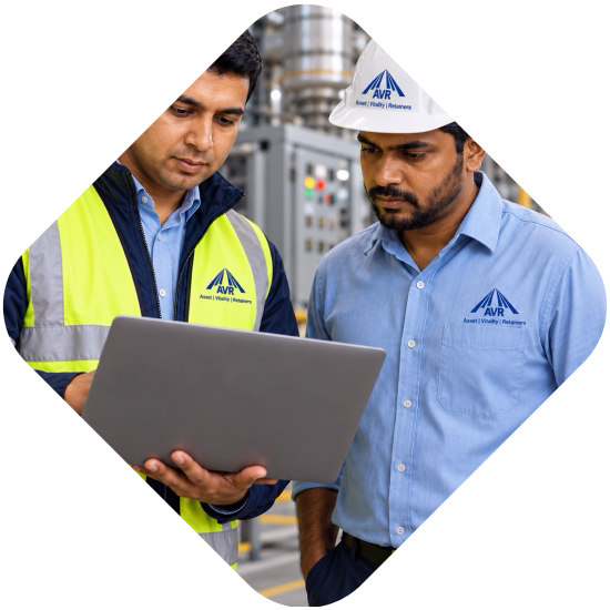 AVR Energies technicians collaborating on a laptop at an industrial site